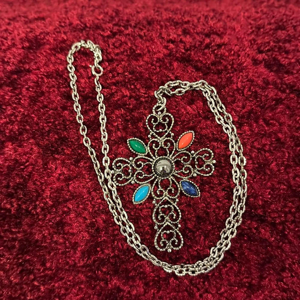 Beautiful 70’s Filigree Cross by Avon Featuring 4 colored Stones and Marquisite